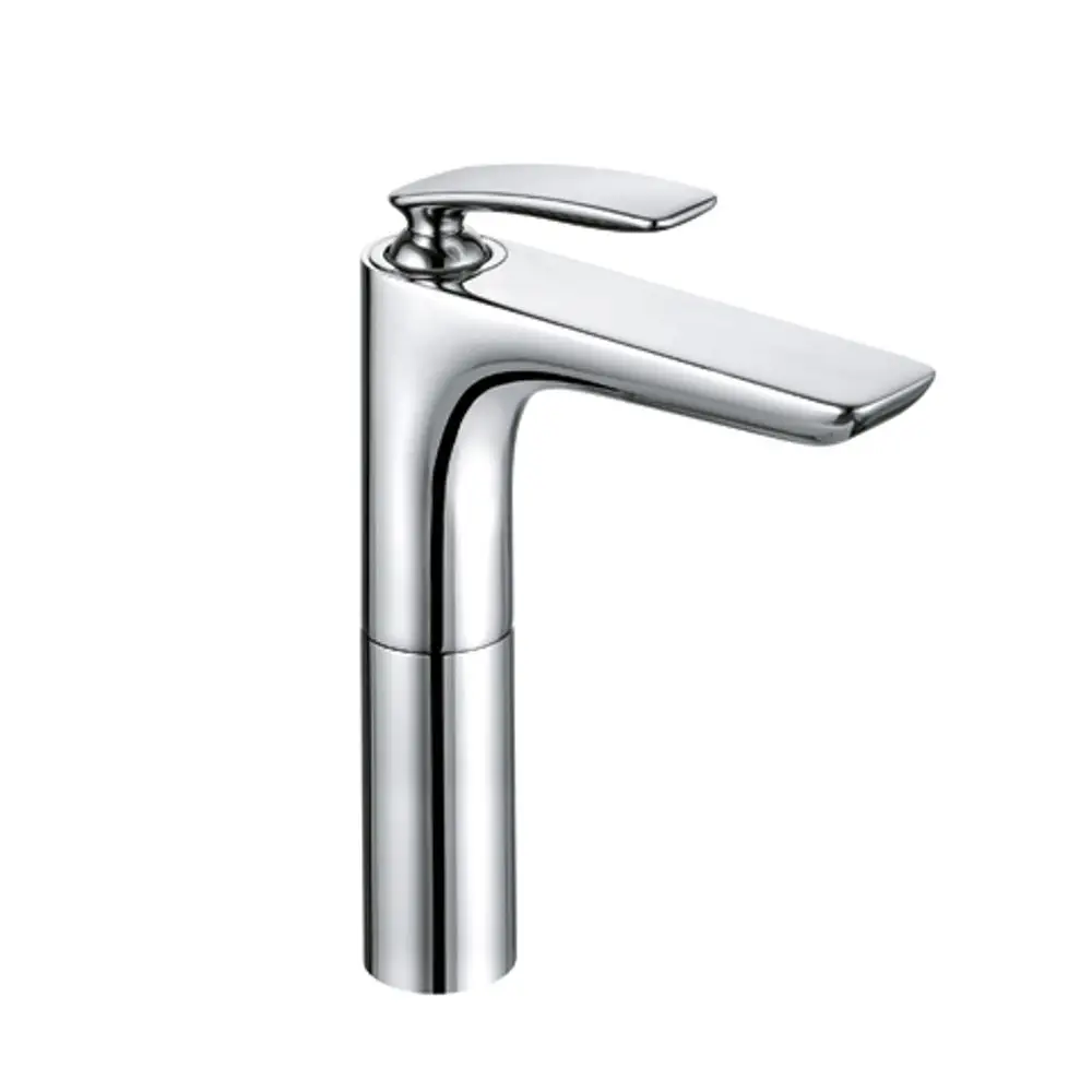 Chromfarbener Wasserhan von Kludi mit schmalem, flachem Auslauf und einem seitlichen Hebel zur Regelung des Wasserflusses.